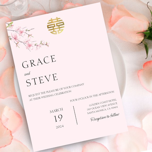 Convites Casamento Japonês de Felicidade Dupla Blush (Blush Double Happiness Korean Japanese Wedding Invitation)