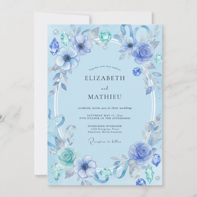 Convites Casamento Joia Aquarela Azul (Frente)