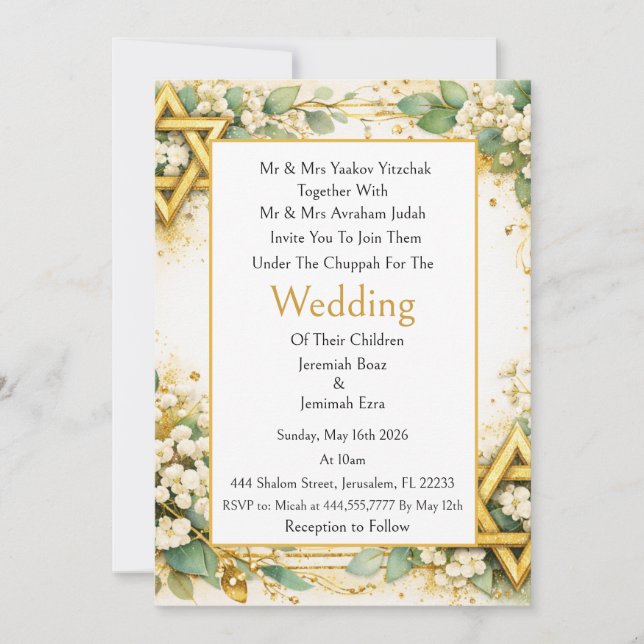 Convites Casamento Judaico Floral Botânico de Eucalipto (Frente)