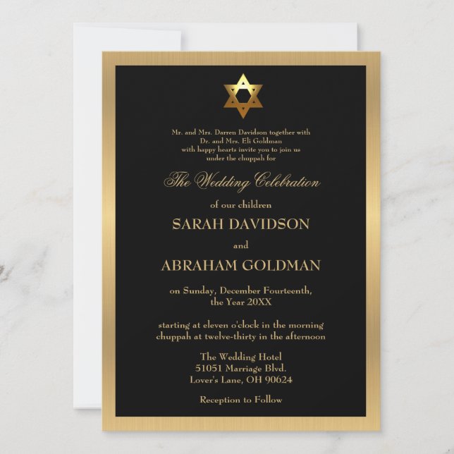 Convites Casamento Judaico Formal Tradicional Preto e Doura (Frente)