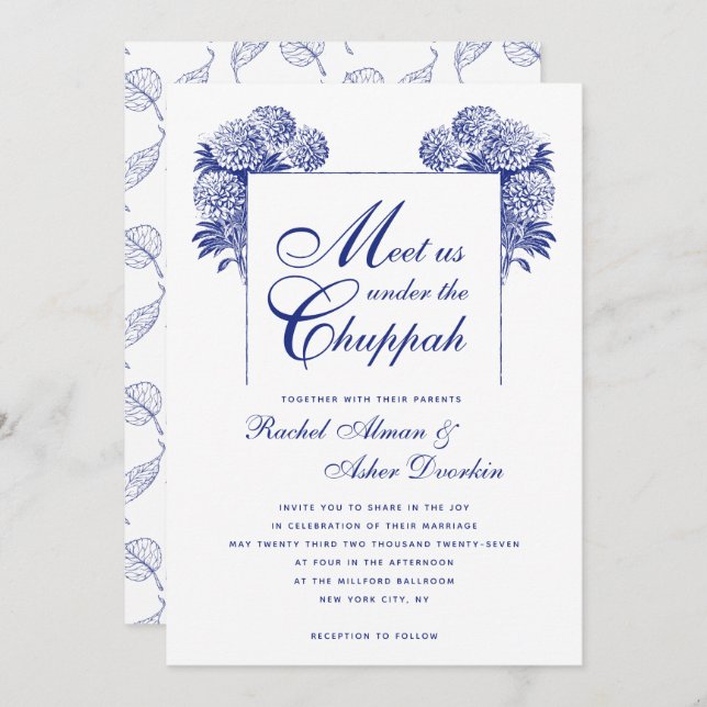 Convites Casamento Judeu Floral de Chuppah Azul Elegante (Frente/Verso)