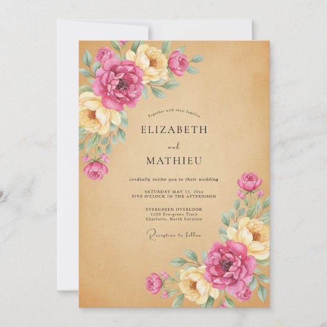 Convites Casamento Kraft Peônia Rosa (Frente)