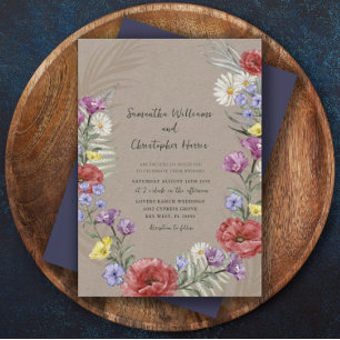 Convites Casamento Kraft & Roxo Boho Flor Selvagem 