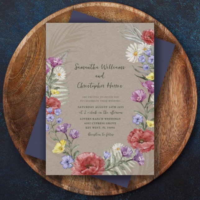 Convites Casamento Kraft & Roxo Boho Flor Selvagem  (Criador carregado)