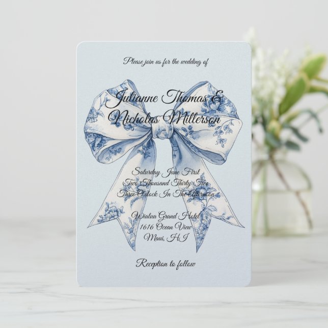 Convites Casamento Laço Branco Azul Chic Luz (Em pé/Frente)