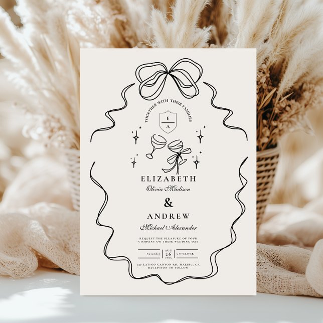 Convites Casamento Laço Caprichoso Doodle Champanhe (Criador carregado)