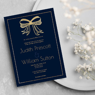 Convites Casamento laço de fita glitter dourado azul marinh