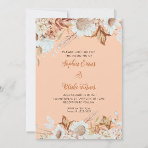 Convites Casamento Laranja Boho Flores Brancas Marrom Rústi