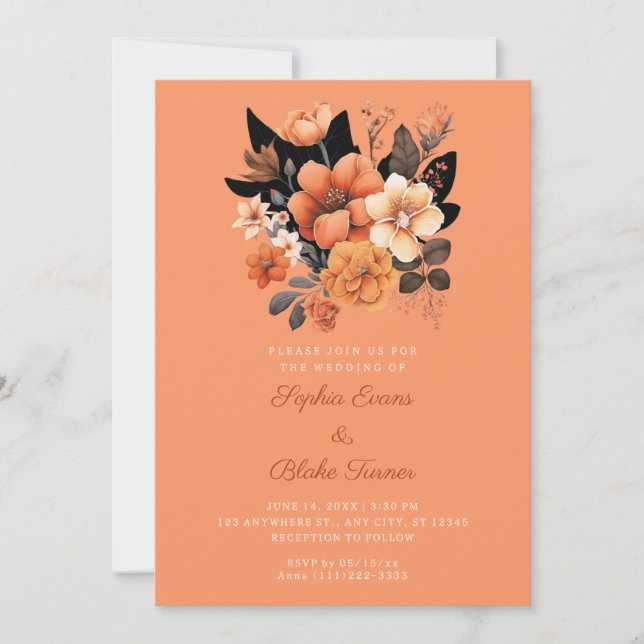 Convites Casamento Laranja bonito de Buquê Floral Queda (Frente)