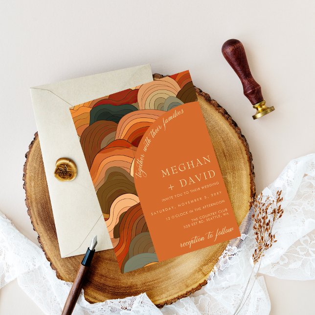 Convites Casamento Laranja de Terracotta por Ondas Abstrato (Retro Abstract Waves Terracotta Orange Wedding Invitation)