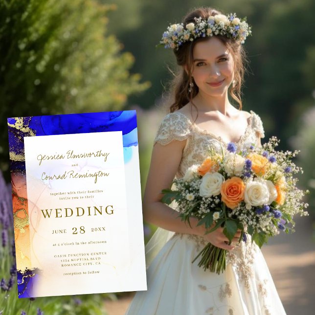 Convites Casamento Laranja Dourado Azul de Sapphire Colorid (Colorful Sapphire Blue Gold Orange Wedding Invitation. Model is AI Gen. )