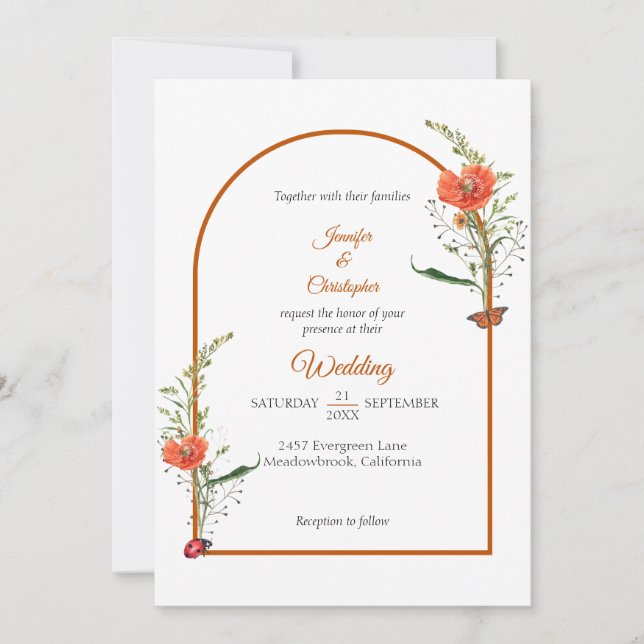 Convites Casamento Laranja Flor Silvestre Arco Boho (Frente)