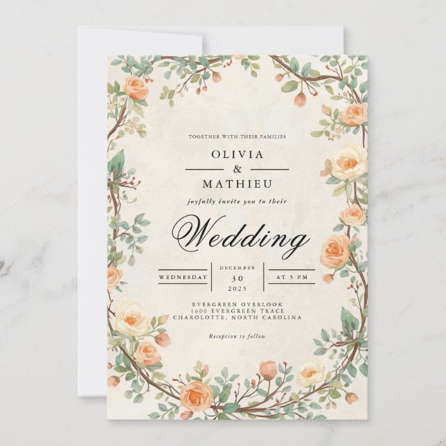 Convites Casamento Laranja-Floral de Arqueiro Muted (Frente)