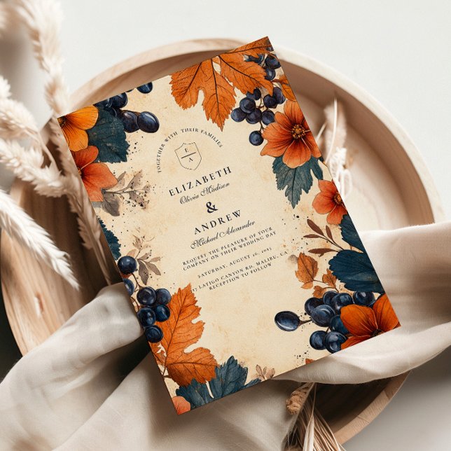 Convites Casamento Laranja Queimada e Bagas Navy (Criador carregado)