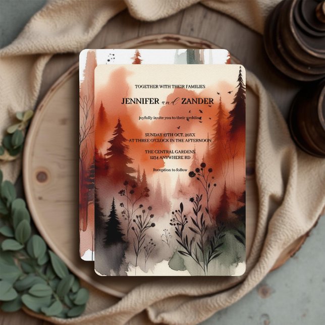 Convites Casamento Laranja Queimado com Floresta Abstrato d (Criador carregado)