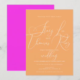 Convites Casamento Laranja Rosa Moderno Brilhante  Script B