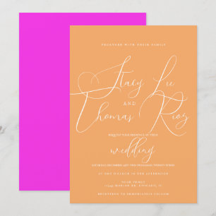 Convites Casamento Laranja Rosa Moderno Brilhante Script B