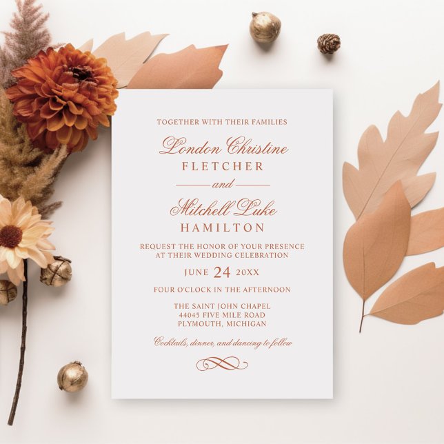 Convites Casamento Laranja Terracota Clássico Elegante (Criador carregado)