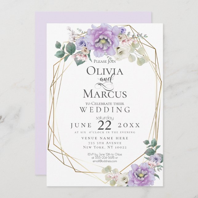 Convites Casamento | Lavanda Aquarela Geométrica Floral (Frente/Verso)