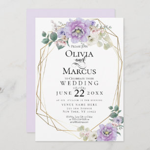 Convites Casamento Lavanda Aquarela Geométrica Floral