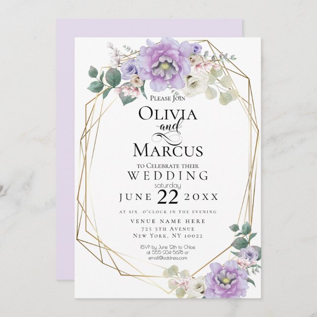 Convites Casamento | Lavanda Aquarela Geométrica Floral (Frente/Verso)