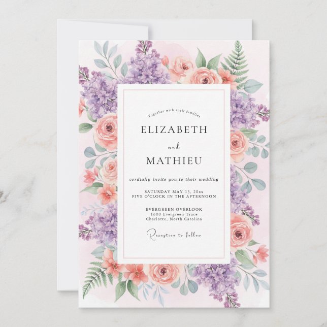 Convites Casamento Lavanda Coral Lilás Eucalipto (Frente)