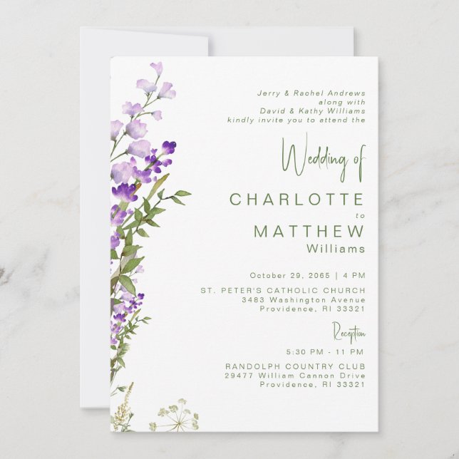 Convites Casamento Lavanda de 2 Locais com Ambos os Pais (Frente)