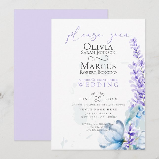 Convites Casamento | Lavanda de aquarelas - Florestas azuis (Frente/Verso)