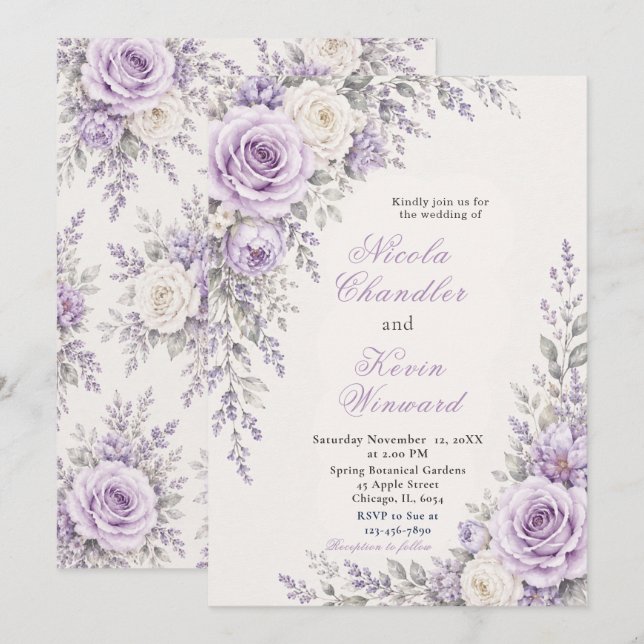 Convites Casamento Lavanda e Marfim (Frente/Verso)