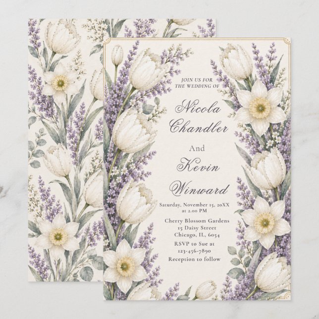 Convites Casamento Lavanda e Marfim (Frente/Verso)