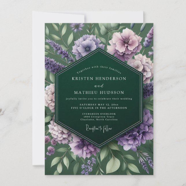 Convites Casamento Lavanda Esmeralda Temperamental (Frente)