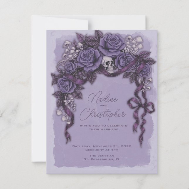 Convites Casamento Lavanda Gótico, Caveira e Rosas (Frente)