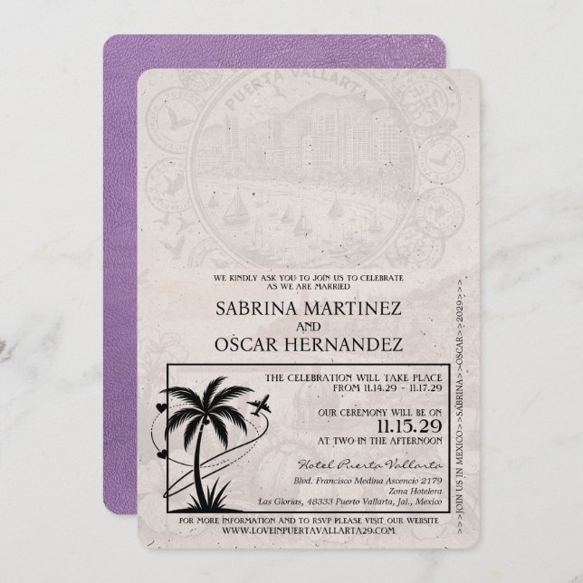 Convites Casamento lavanda Puerta Vallarta Passaporte (Frente/Verso)