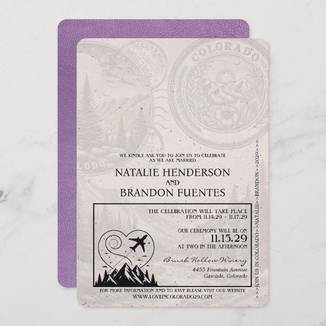 Convites Casamento lavanda Purple Colorado Passport (Frente/Verso)