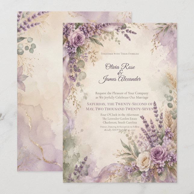 Convites Casamento Lavanda Salvia | Rústico Boho Chic (Frente/Verso)