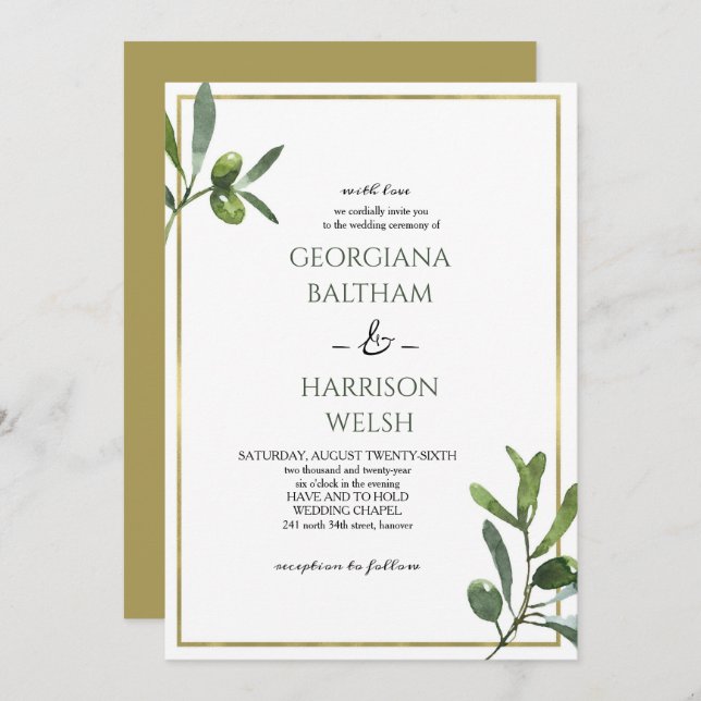Convites Casamento Legant Ouro Frame & Olive Leaves (Frente/Verso)