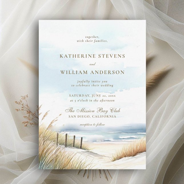 Convites Casamento Legante De Arte De Grama Do Oceano De Ce (wild beach wedding invitation dreamy watercolor ocean fence grass nature formal modern classic)