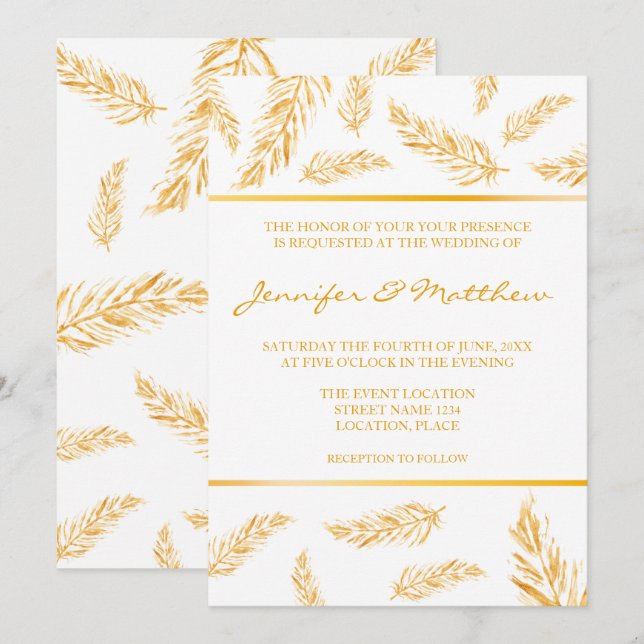 Convites Casamento Legante de Penas de Cor Amarela Ouro Fau (Frente/Verso)