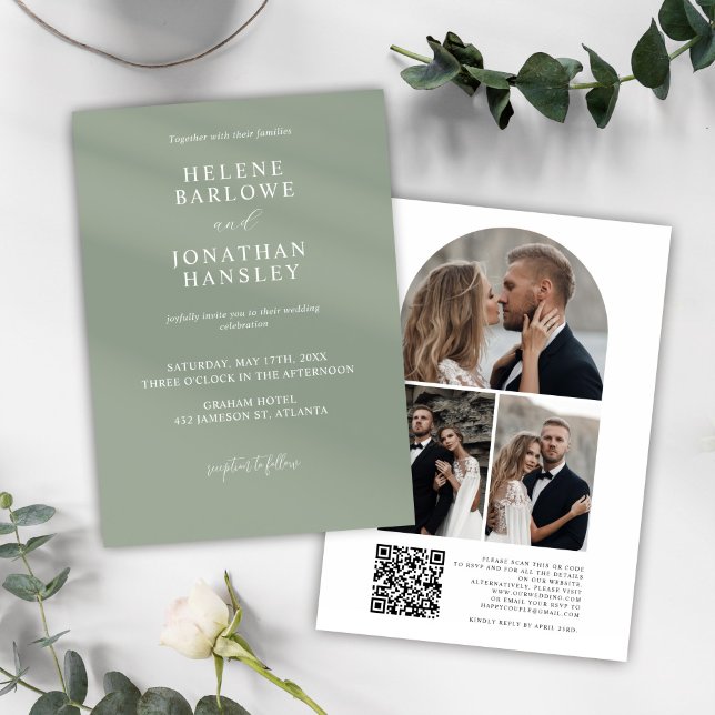 Convites Casamento Legante do Código QR do Código de Foto V (Modern Sage Green Photo QR Code Elegant Wedding Invitation)