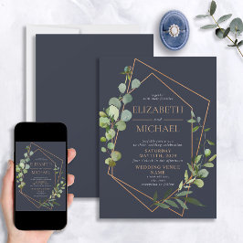 Convites Casamento Legante Eucalyptus Azul Geométrico de Co