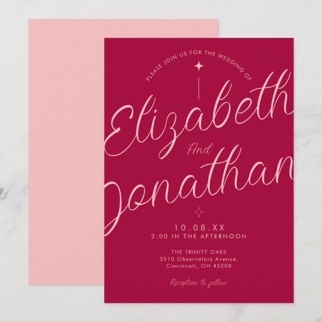 Convites Casamento Letra Moderna Retro Fuchsia Rosa (Frente/Verso)