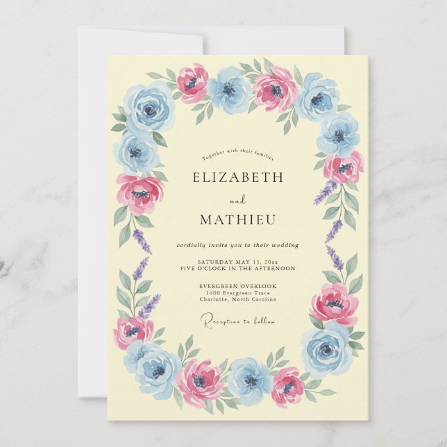 Convites Casamento Leve Azul Caprichoso de Primavera (Frente)