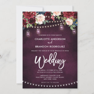 Convites Casamento leve de Corda Rústica Floral Marinho Bur