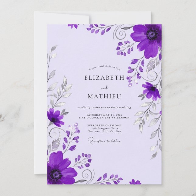 Convites Casamento Leve e Roxo de Primavera (Frente)