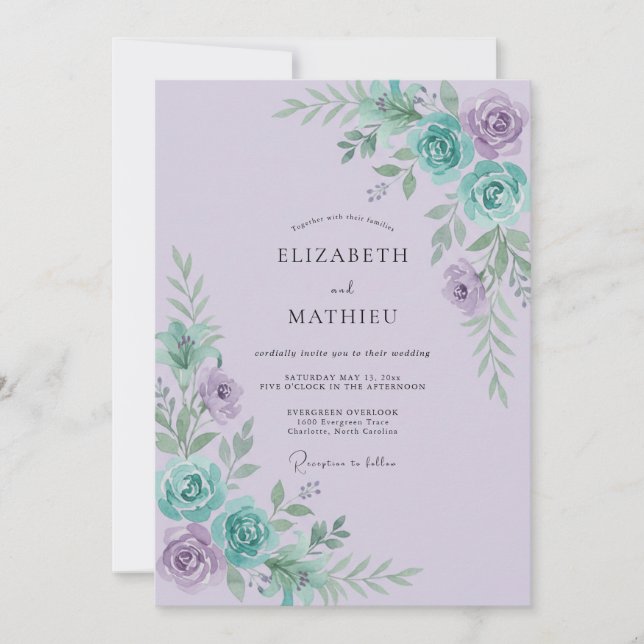 Convites Casamento Lilac Aqua Ranunculus Sage (Frente)
