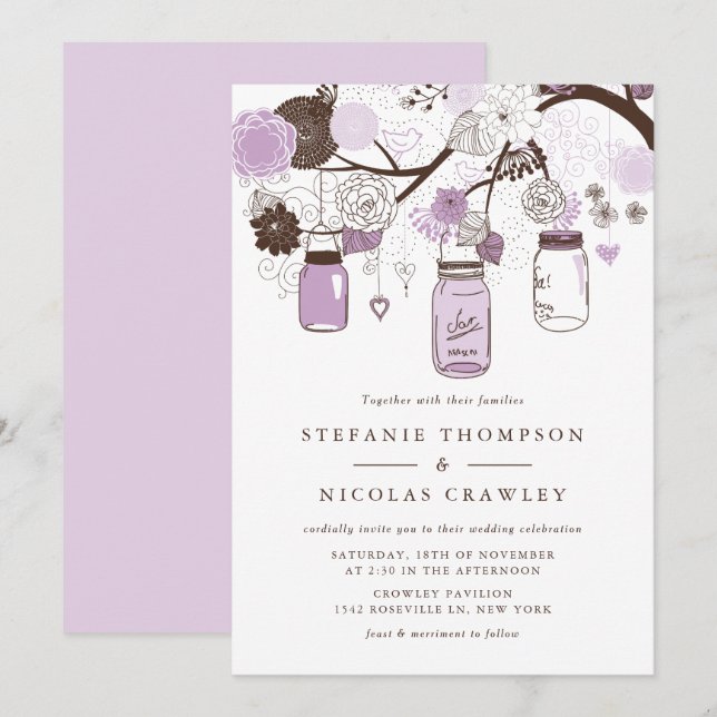 Convites Casamento Lilac Hanging Mason Jars (Frente/Verso)