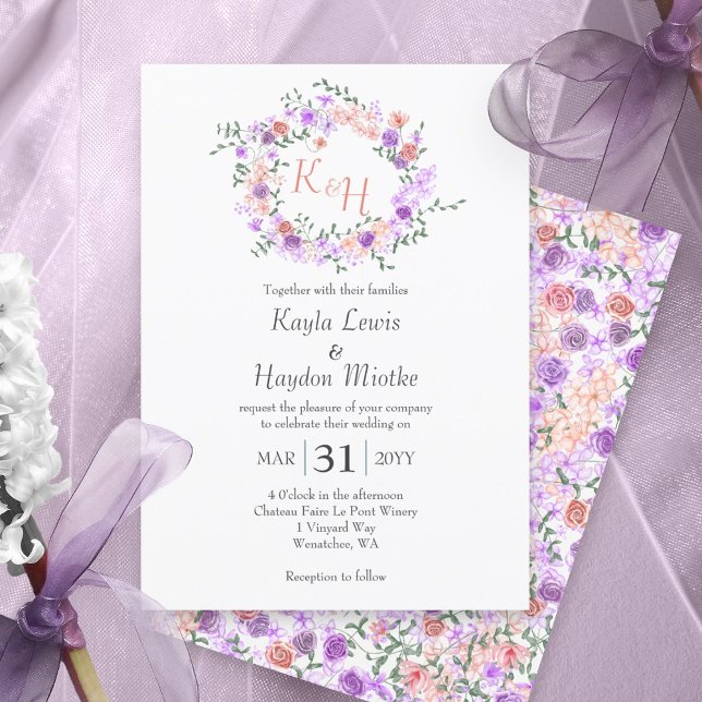 Convites Casamento Lilac & Peach Rosa Wreath (Lilac purple and peach rose wreath, botanical rose garden wedding invitations, round roses vine)