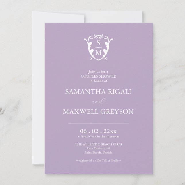 Convites Casamento Lilac Personalizável do Monograma Crest (Frente)