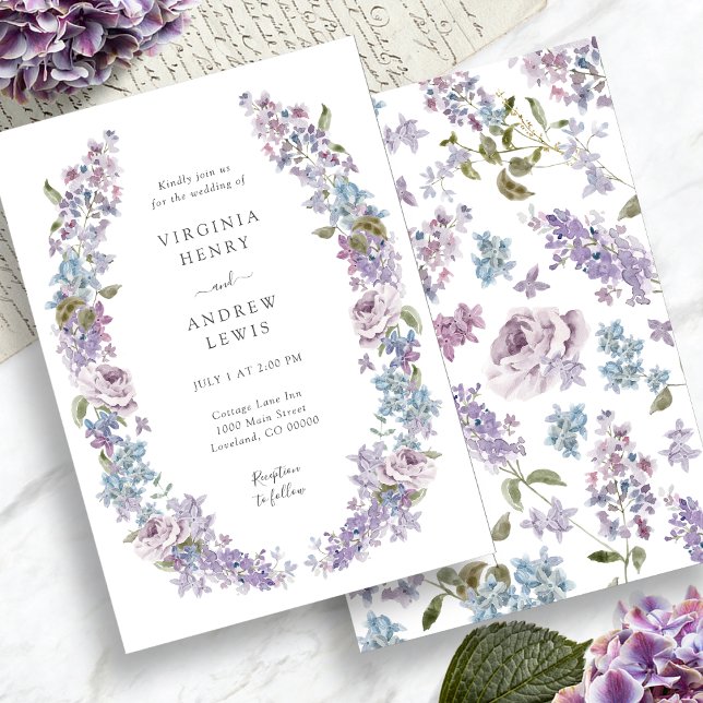 Convites Casamento Lilac Roxo Elegante (Elegant Purple Lilac Flowers Wedding Invitation by Painted Paperie)