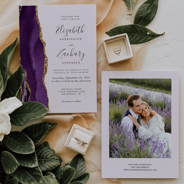 Convites Casamento Lilás Ágata Dourada Foto Moderna (Criador carregado)